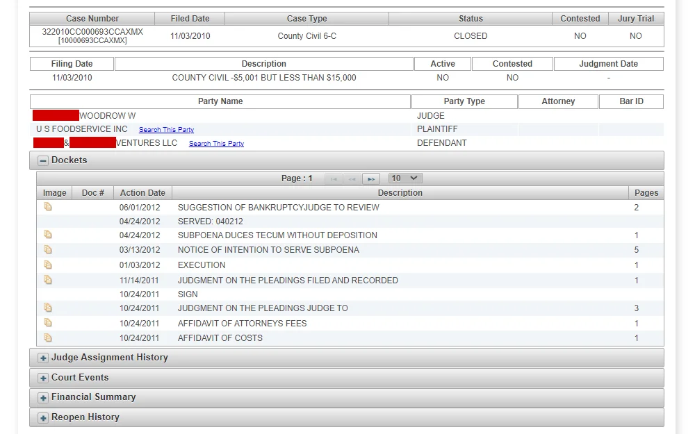 A screenshot of case details from the Jackson County Clerk's Office website, including case number, filing date, case type, status, description, party names and docket details.