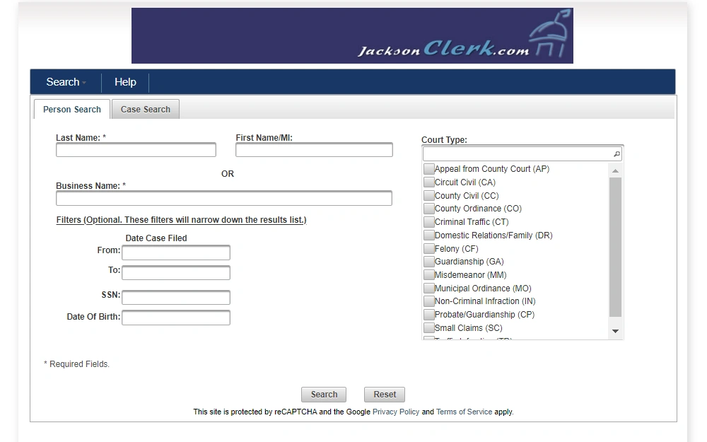 A screenshot of the Case Search Page on the Jackson County Clerk's Office website displays the two options to search: By Name or Business Name, including an option to select the court type, along with the "Search" and "Reset" button at the bottom. 