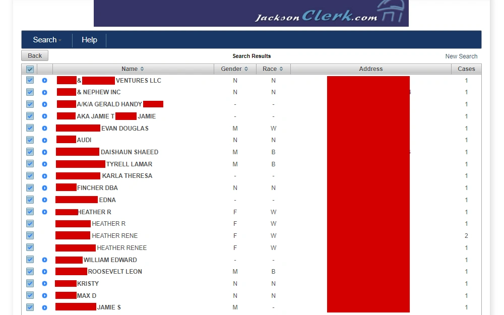 A screenshot of the case search results on the website of Jackson County Clerk's Office displays a list of cases, including party name, gender, race, address, and case count.