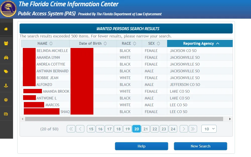 A screenshot of the Wanted Persons Search Results on the Public Access System (PAS) provided by the Florida Department of Law Enforcement displays information such as the offender's name, DOB, race, sex and reporting agency.