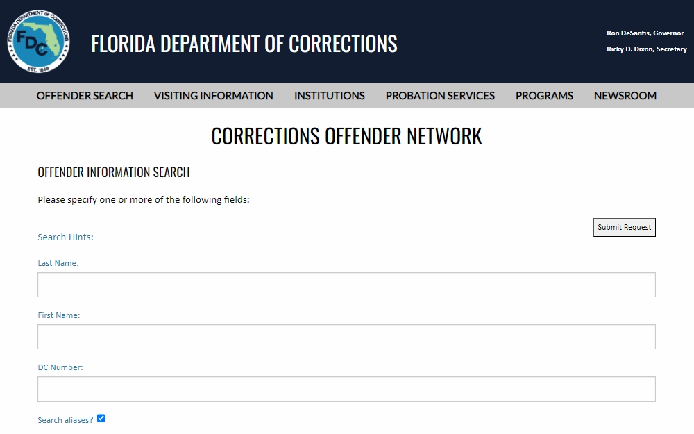 A screenshot of the Offender Information Search page for the Florida Department of Corrections requires the searcher to input the offender's name, DC number, and the option to include aliases in the search.