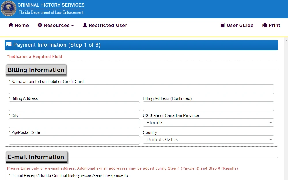 A screenshot of Step 1 for conducting a criminal history check requires the requester to provide billing and email information.