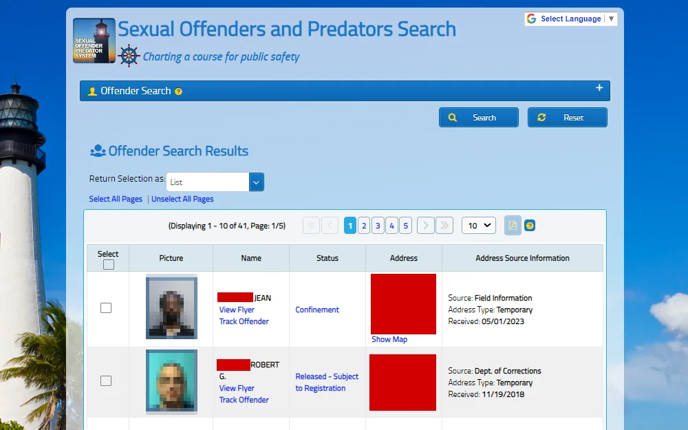 A screenshot of the list of sex offenders on the Florida Department of Law Enforcement website includes information such as the offender's name, mugshot, status and address.