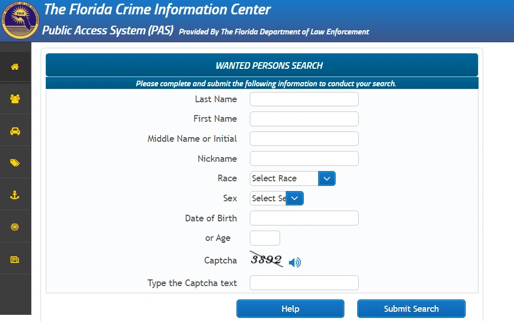 A screenshot of the Wanted Persons Search page on the Public Access System (PAS) provided by the Florida Department of Law Enforcement with the fields needed to search, including offender's name, nickname, DOB and more.
