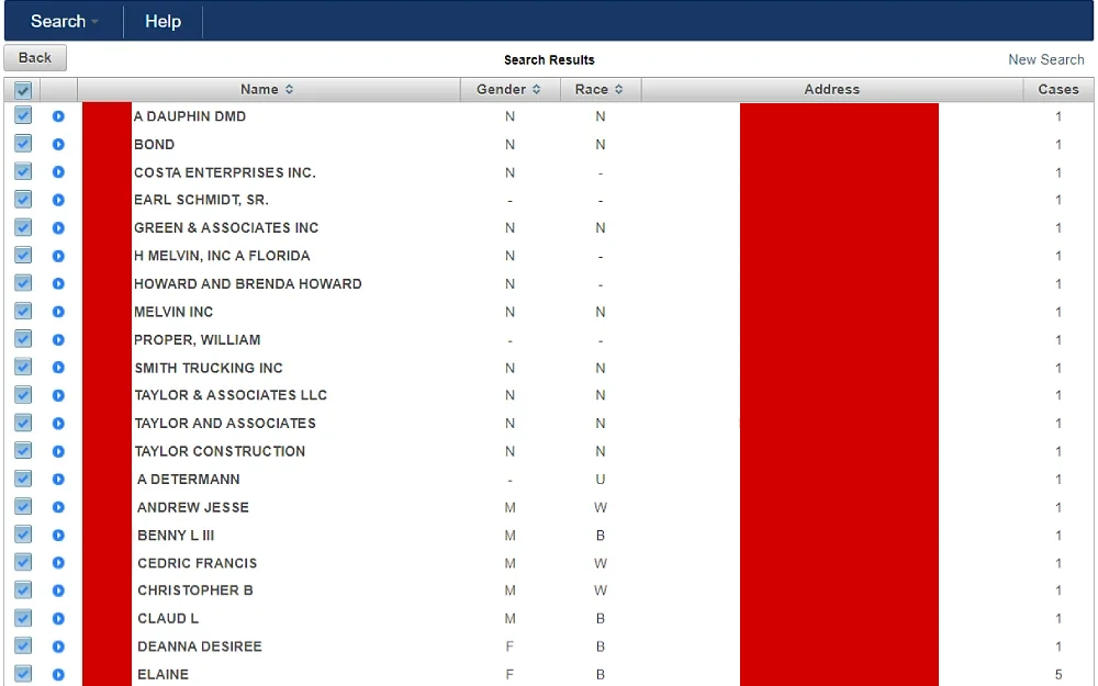 A screenshot displaying the search results showing information such as name, gender, race, address, and number of cases from the Jackson County Clerk’s Office.