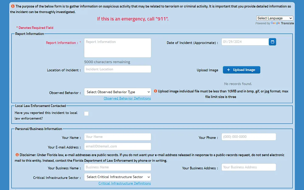 A screenshot showing the public suspicious activity report that requires information such as report information, location and date of the incident, uploaded images, observed behavior, details of reporting the incident to local law enforcement and others.