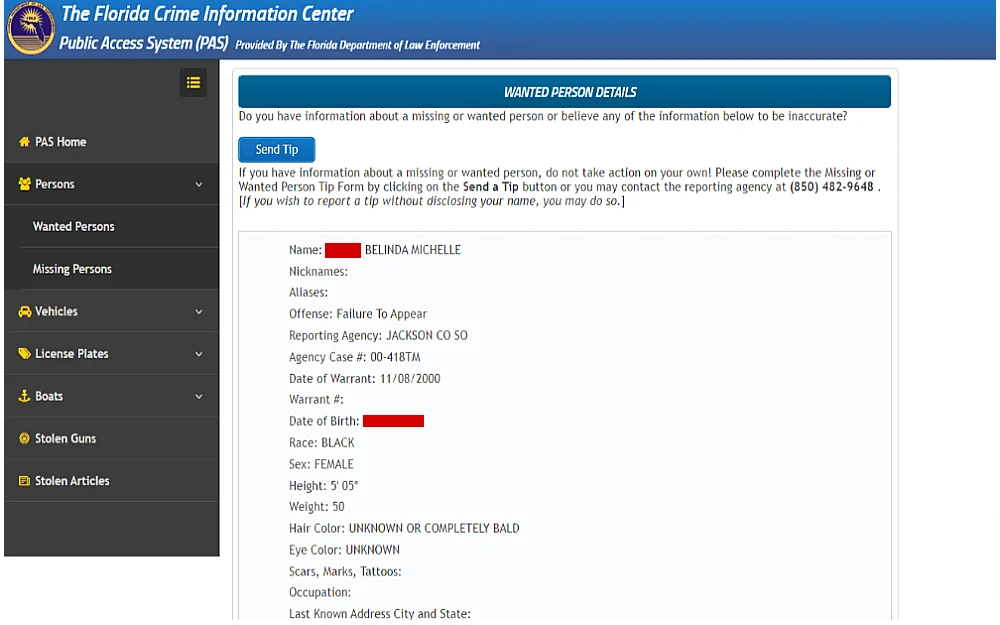 A screenshot displaying wanted person details showing details such as name, nicknames, aliases, offense, reporting agency, agency case number, date of warrant, warrant number, date of birth, race, sex, height and others.