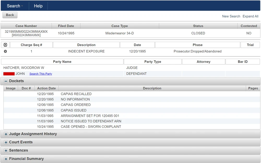 A screenshot from the Jackson County Clerk of Circuit Court detailing the case number, filing date, type, and status, along with specific charges such as 'INDECENT EXPOSURE' with their corresponding action dates and outcomes, as well as links to the docket and other related legal proceedings.