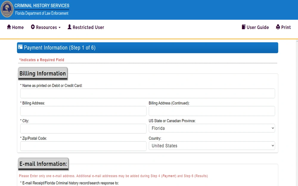 A screenshot from the Florida Department of Law Enforcement displays a webpage section for inputting payment information, where fields for the name on the card, billing address, city, state or province, and country are visible, indicating the user is at step one of a six-step process to complete a transaction on a law enforcement department's website.