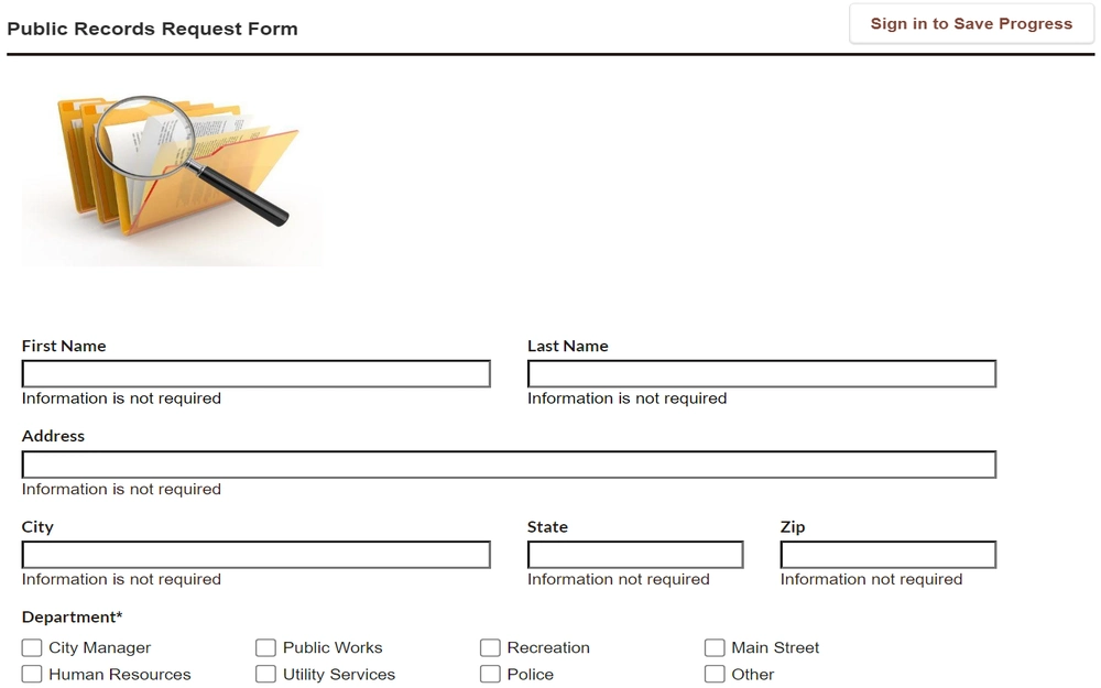 A screenshot features an online form titled "Public Records Request Form," showcasing fields for entering personal details such as first and last name, address, city, state, and zip, with a note that information is not required in those fields.