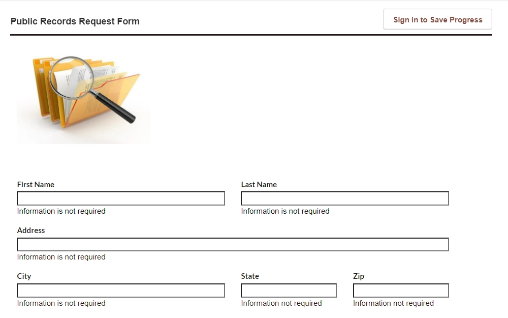 A screenshot of the City of Marianna public records request form with fields for personal information like name and address.