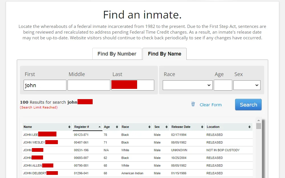 A screenshot from the Federal Bureau of Prisons' inmate search page, displaying search results, including details like register number, age, race, sex, release date, and location.