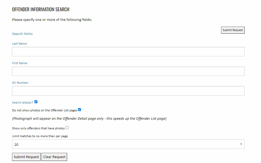 A screenshot from the Florida Department of Corrections' offender information search form with fields for last name, first name, and DC number, along with options to search aliases, hide photos, and limit results.